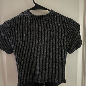 Gray Ribbed Crop Top with Mandarin Collar